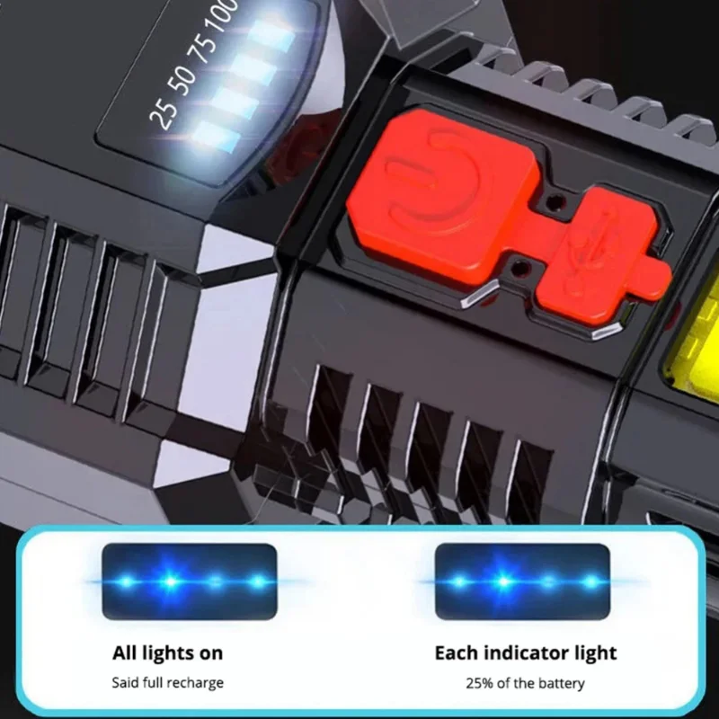 נייד 9 הליבה גבוה כוח LED פנס עם תצוגת כוח קלח צד האור נטענת USB טקטי לפיד תאורה חיצונית - 4