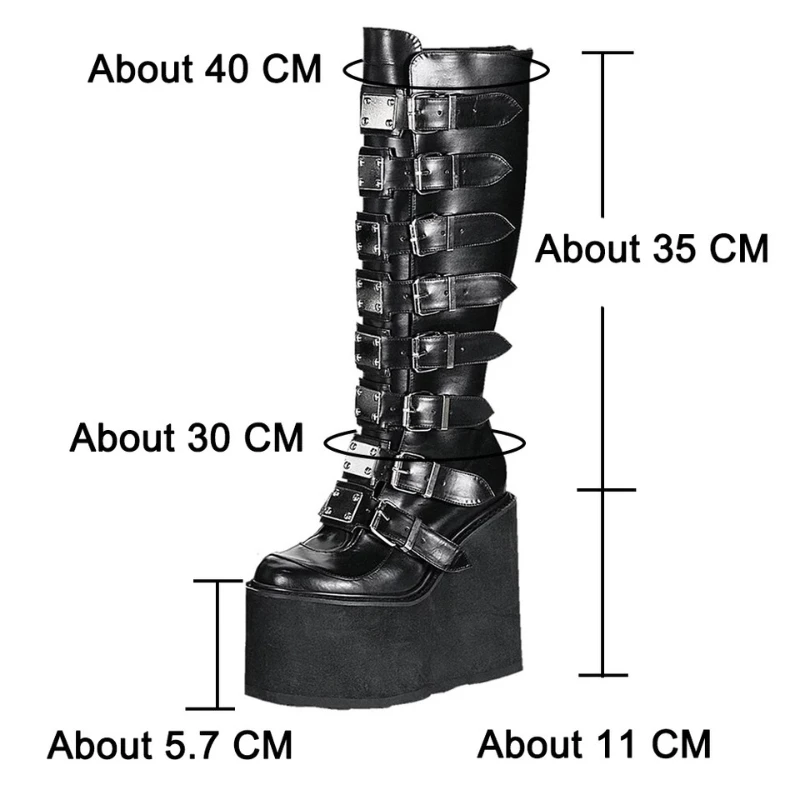 נשים קוספליי מגפיים גבוהים בחורף צינור ארוך עור אביר אתחול פאנק הגותי קלאסי שחור נעליים עקב גבוהות בגובה הברך - 4