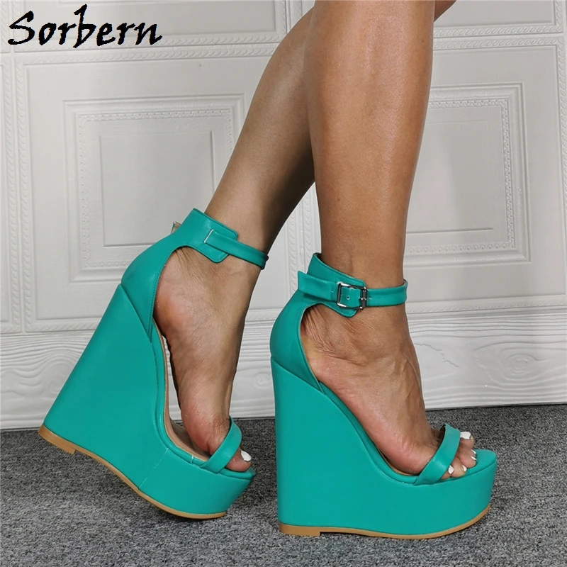 Sorbern נוח וודג סנדלים כחול ירוק קרסול רצועות גודל גדול לשני המינים נעלי קיץ רב צבעים פלטפורמת העקב התמונה האמיתית - 4