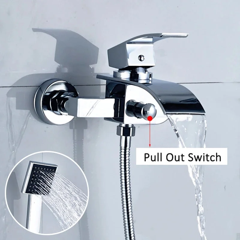 שחור מפל אמבטיה ברז הקיר מפל ג ' קוזי זרבובית חם מים קרים עם ABS Handshower מיקסר ברז אמבטיה, ברז מקלחת - 4