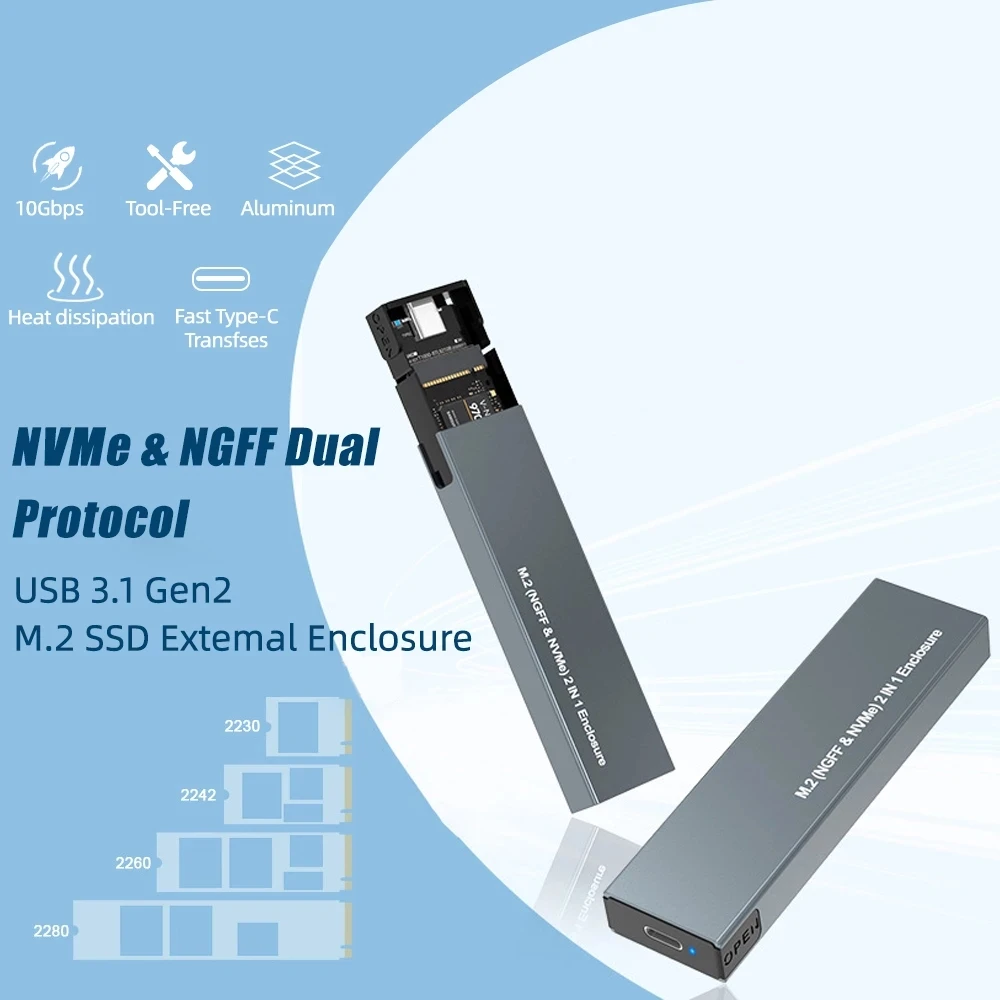 כפול פרוטוקול M2 SSD מקרה, NVMe גדרה מ. 2 ל-USB 3.1 Gen 2 SSD מתאם עבור NVME NGFF SATA M+B מפתח 2230/2242/2260/2280 SSD - 4