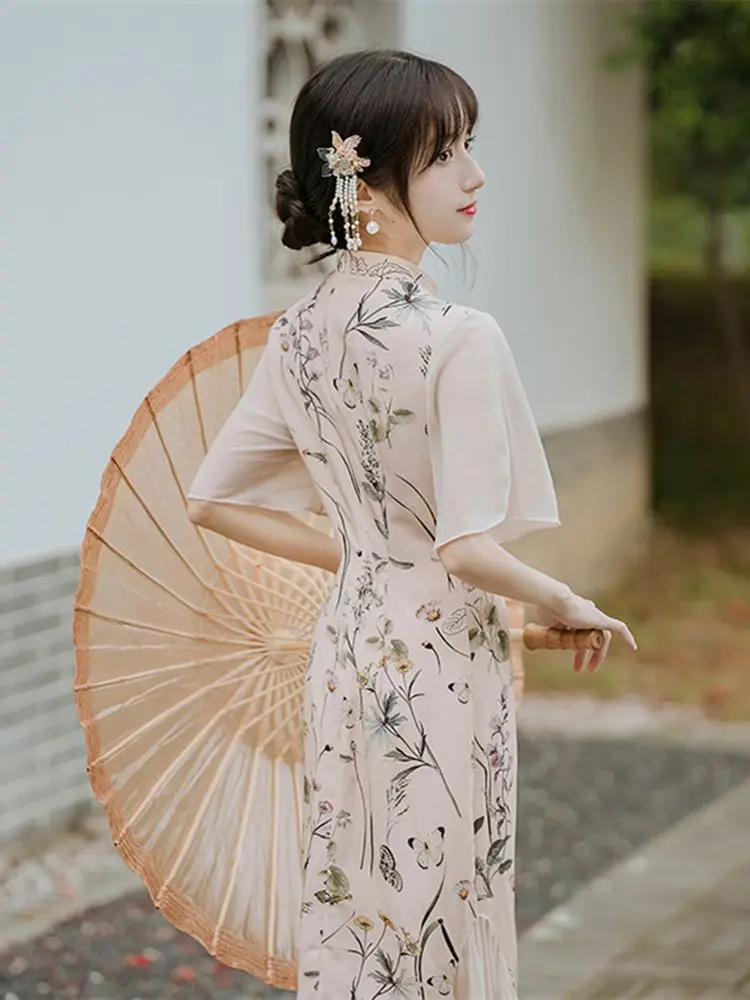 סיני Cheongsam שמלת 2023 רטרו שונה עם שרוול קצר מודפס באיכות גבוהה אלגנטית טמפרמנט הרזיה צ 'יפאו צ' י-פאו - 4