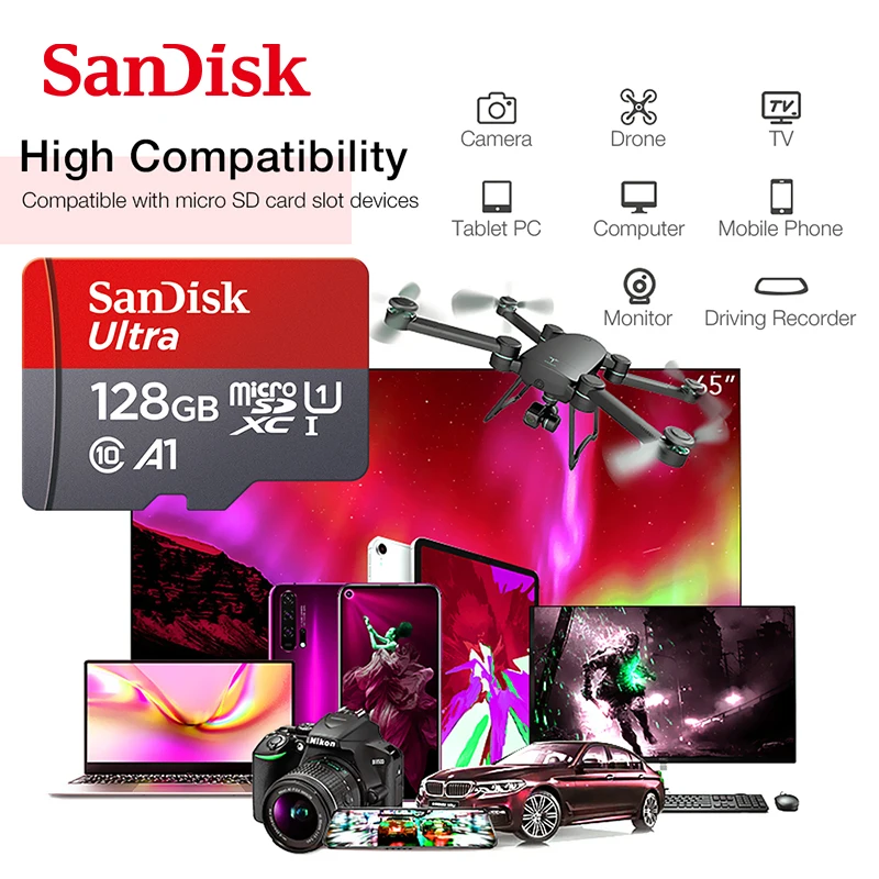 SanDisk A1 שיעור 10 Mini SD כרטיס 128GB Flash כרטיסי הזיכרון 128GB מיקרו SD TF כרטיס 128GB cartão דה memória נהיגה מקליט מצלמה - 4
