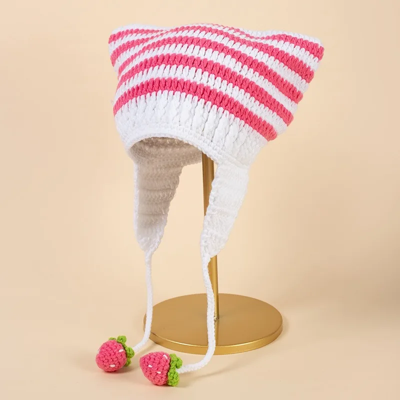 Ohmmayby יפנית כובע כפת ההגירה שטן קטן עם פסים סרוגים כובע הצמר הסתיו-חורף חתול חמוד אוזניים מחודדות קט נשים - 4