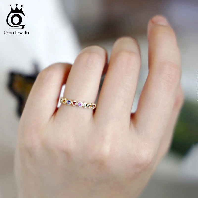 ORSA תכשיטי כסף סטרלינג 925 נשים טבעות קשת צבעונית AAAA זירקון זהב-צבע כסף האצבע טבעת תכשיטים 2021 EQR14 - 4