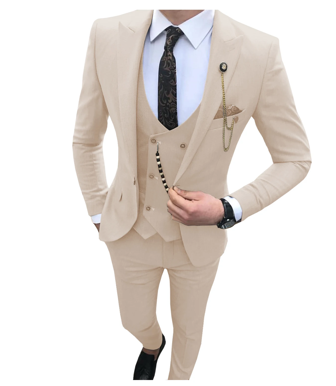 חליפות אלגנטיות לגברים החתונה Slim Fit 3 חתיכה גריי מזדמן הנשף חליפות חתן לשיא דש אנשי עסקים חליפה(בלייזר+אפוד+מכנסיים) - 4