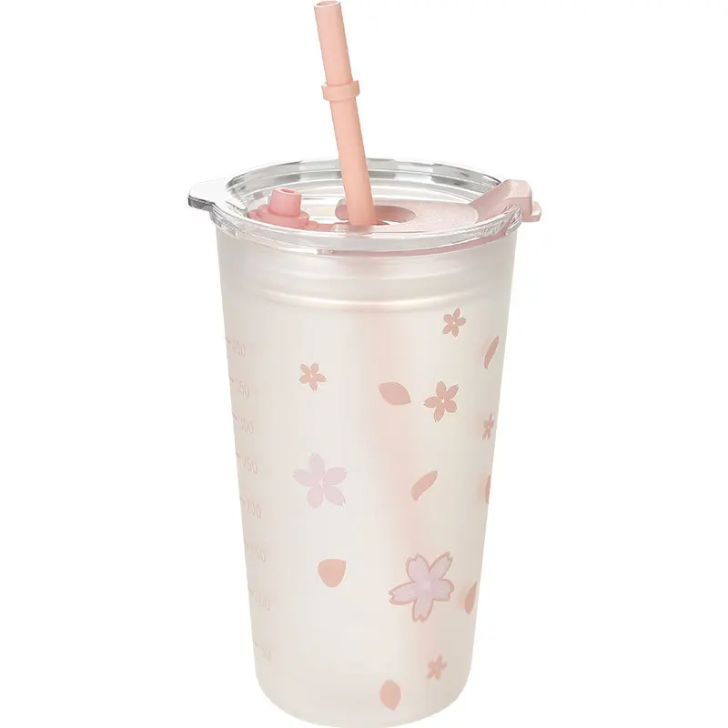 סאקורה לכוס זכוכית שכבה כפולה עמיד בחום זכוכית עם מכסה וקש Kawaii פרח כוס קפה, כוס תה, בקבוק מים Drinkware - 4