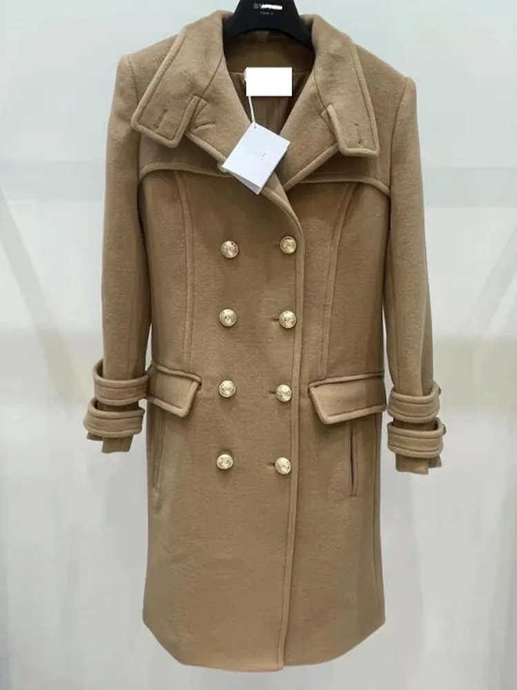 אופנה החורף OL כפול עם חזה ארוך מעיל צמר נשים אלגנטי סלים משרד ליידי צמר תערובות להאריך ימים יותר - 4