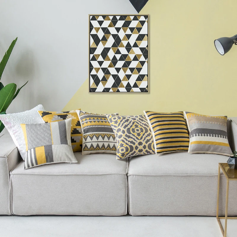 עיצוב הבית כרית כיסוי צהוב אפור/לבן גיאומטרי בד כותנה כיכר רקמה כרית כיסוי 45x45cm הסלון - 5
