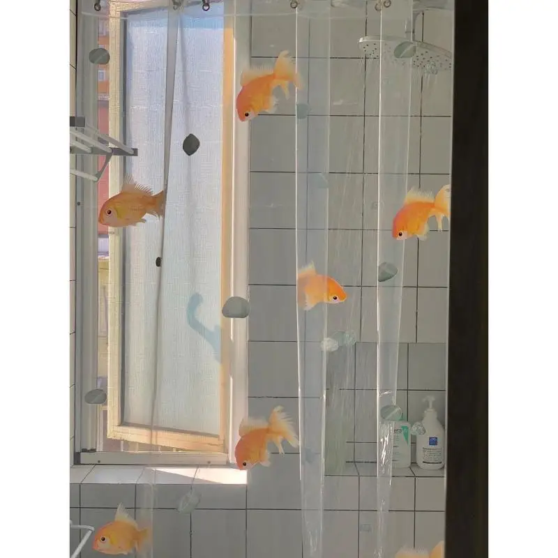 1Pc 2023 יצירתיים חדשים דג זהב דפוס אמבטיה עמיד למים וילון מקלחת שירותים יבש רטוב הפרדה נייד וילון מקלחת - 5