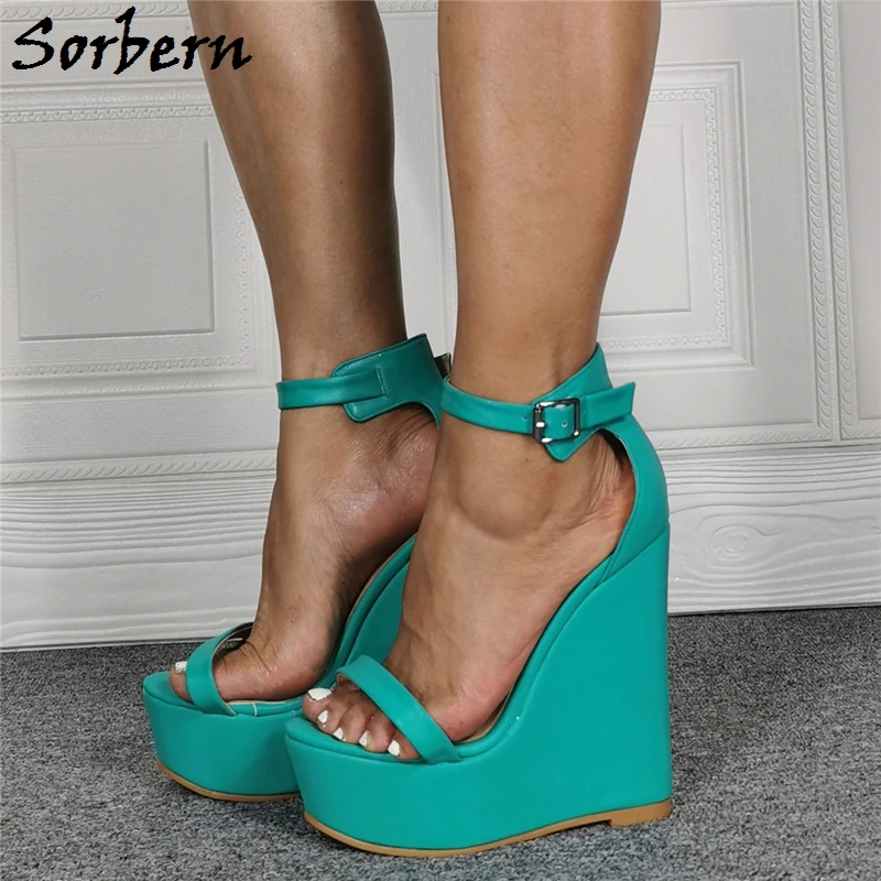Sorbern נוח וודג סנדלים כחול ירוק קרסול רצועות גודל גדול לשני המינים נעלי קיץ רב צבעים פלטפורמת העקב התמונה האמיתית - 5