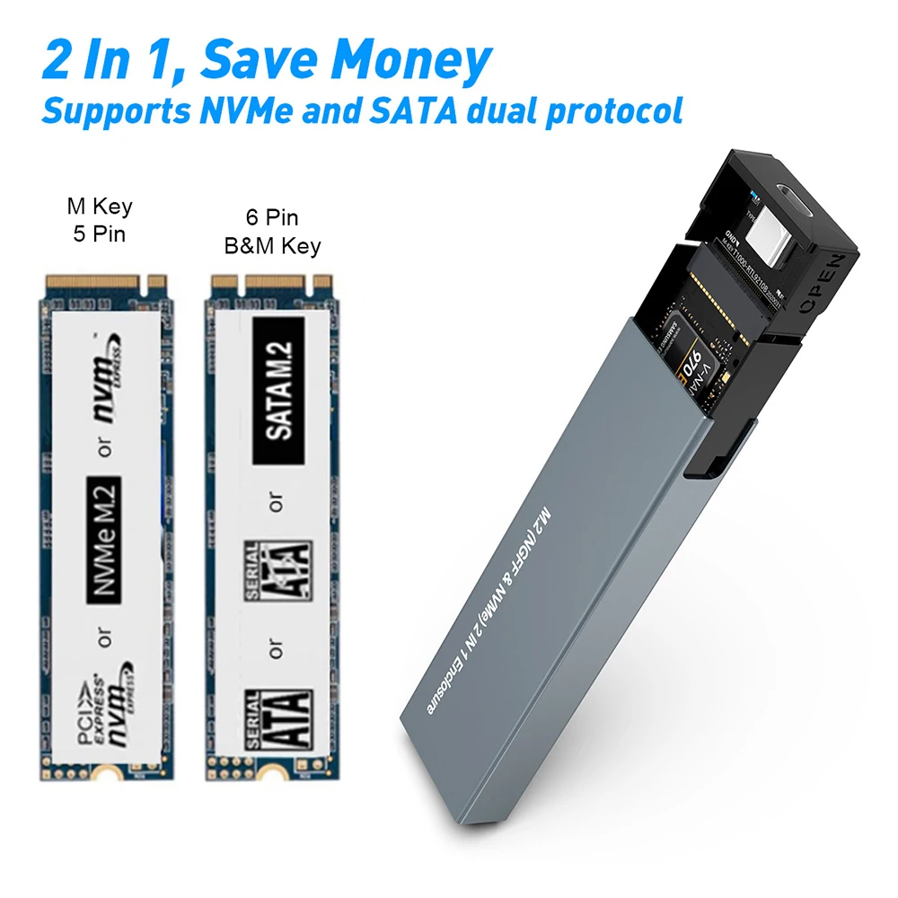 כפול פרוטוקול M2 SSD מקרה, NVMe גדרה מ. 2 ל-USB 3.1 Gen 2 SSD מתאם עבור NVME NGFF SATA M+B מפתח 2230/2242/2260/2280 SSD - 5