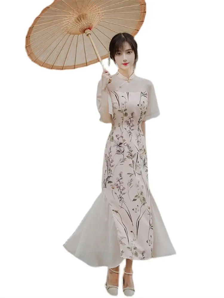סיני Cheongsam שמלת 2023 רטרו שונה עם שרוול קצר מודפס באיכות גבוהה אלגנטית טמפרמנט הרזיה צ 'יפאו צ' י-פאו - 5