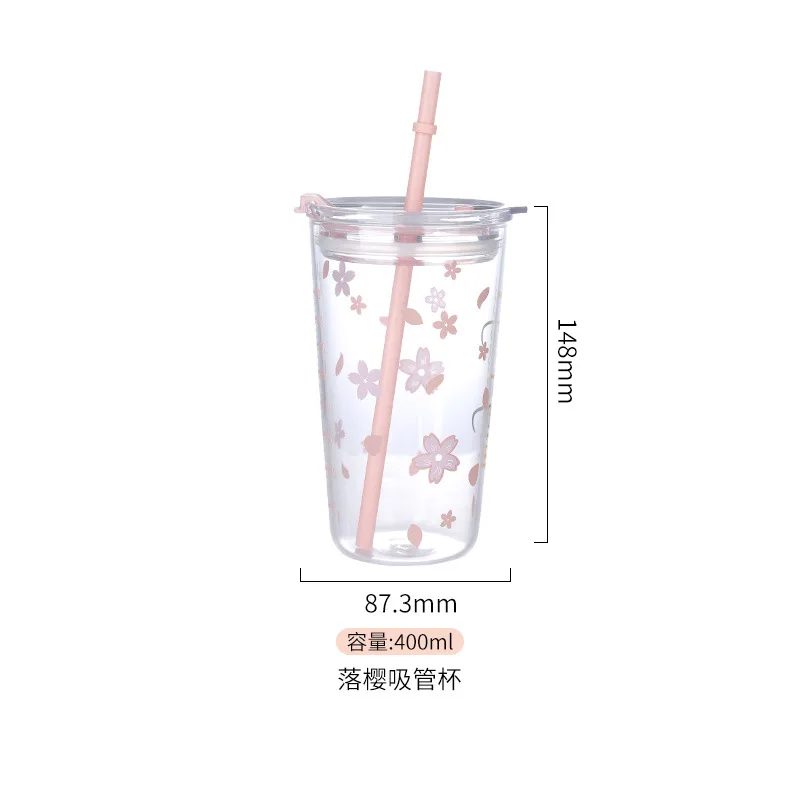 סאקורה לכוס זכוכית שכבה כפולה עמיד בחום זכוכית עם מכסה וקש Kawaii פרח כוס קפה, כוס תה, בקבוק מים Drinkware - 5