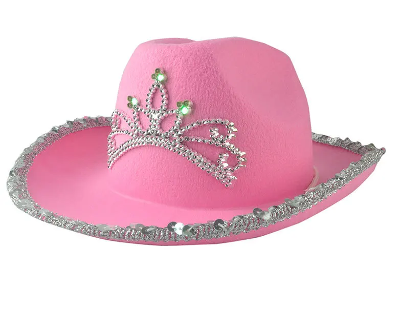 זוהר הכתר בוקרת כובע בסגנון מערבי כובע ורוד של נשים אופנה מסיבת כובע מעוות רחב שוליים עם נצנצים לקישוט - 5