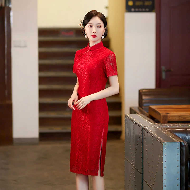 סיני צ ' יפאו Cheongsam דרקון/פיניקס רקמה סינית מסורתית Cheongsam עבור נשים בצד לחתוך שולי שמלת מיני Cheongsam - 5