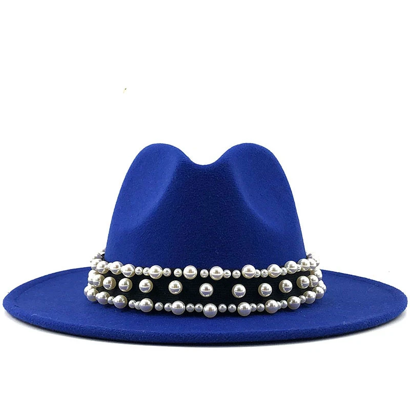 2020 חם גברים, נשים, שוליים רחבים, צמר הרגיש מגבעת פנמה כובע פרל חגורת ג ' אז טרובי כובע מסיבה רשמית כובע לבן,שחור - 5