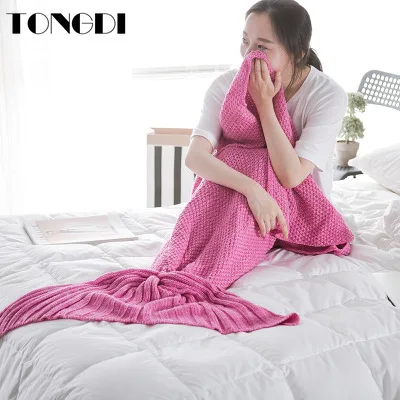 TONGDI רך חם פופולרי אופנתי ים זנב דג סריגה שמיכה מתנה עבור ילדה נסיכה כל העונה בעבודת יד שק שינה - 5