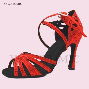 אדום צבע מותאם Rhinestones לטיניים סלסה נעלי ריקוד הבצ ' אטה 2021 איכות גבוהה תחרות סלסה לטינית נעלי ריקוד לנשים