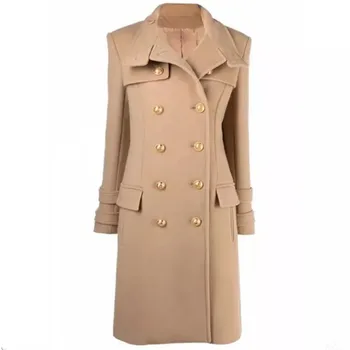 אופנה החורף OL כפול עם חזה ארוך מעיל צמר נשים אלגנטי סלים משרד ליידי צמר תערובות להאריך ימים יותר