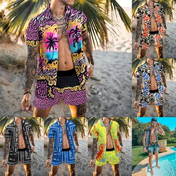 אופנה חדשה החוף של גברים קיץ חולצת החליפה מזדמנים לנשימה מוצק צבע שרוול קצר חולצה קצרים חוף גברים להגדיר