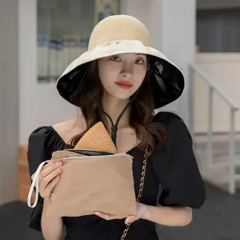 אופנה מזדמן נסיעות חיצונית מוצק צבע חוף גדול ברים הקיץ דייג כובע Bowknot שמש כובע נשים כובע דלי הכובע