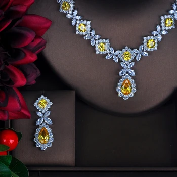 אופנה קסם צהוב AAA זרקונים תכשיטים מגדיר עבור נשים חתונת כלה סטים עגיל שרשרת סט מתנה הסיטוניים N-392