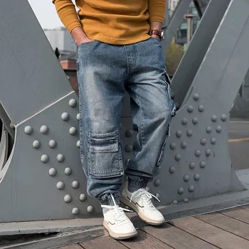 אופנה רצים מטען מכנסיים של גברים ג 'ינס מקרית Hiphop הרמון מכנסיים אופנת רחוב משוחרר באגי ג' ינס בגדים