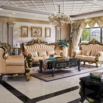 אירופאית אמיתית ספת עור בשילוב 123 יוקרה בסלון הובנה דו צדדית מגולף UShaped עץ מלא ספה רהיטים להגדיר
