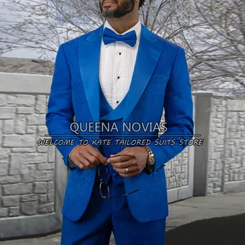 אלגנטה אירועים חליפות גברים סאטן דש החתן החתונה טוקסידו כחול רויאל ג ' אקארד בלייזר+Wasitcoat+מכנסיים תחפושת Homme, Mariage