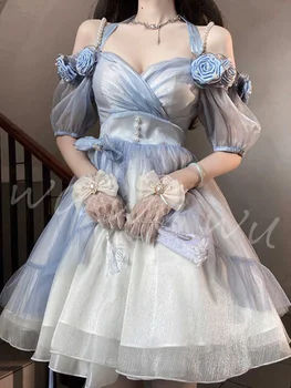אלגנטי הדרגתית הורד הכחול 3D לוליטה נסיכה השמלה פרח שמלת לוליטה Comiket Cosplay תלבושות אנימציה
