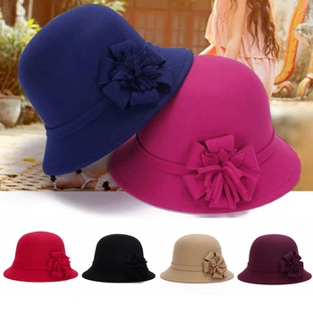אלגנטי נשים הסתיו והחורף פרחוני רחב שוליים כובע נשים חיקוי צמר כיפת הכובע וינטג ' נסיכת אופנה כובע