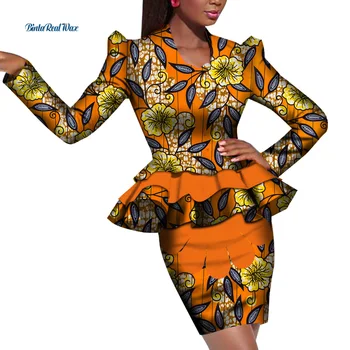 אלגנטי נשים למעלה וחצאית סטים אפריקה 2 חלקים חצאית להגדיר עבור נשים טלאים שרוול ארוך Bazin ריש אפריקה בגדים WY7152