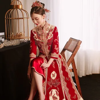 אלגנטי ציצית Cheongsam הסינית סגנון פייטים חרוזים חתונה שמלת הנישואין להגדיר הכלה תלבושת קטיפה, טוסט בגדים