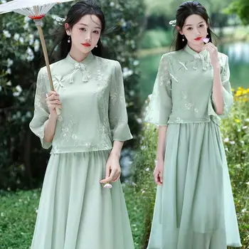 אלגנטי קיץ ירוק משופר Cheongsam רקמה אופנה רטרו זן מקסימום חצאית שמלת שושבינה בסגנון סיני Hanfu לנשים
