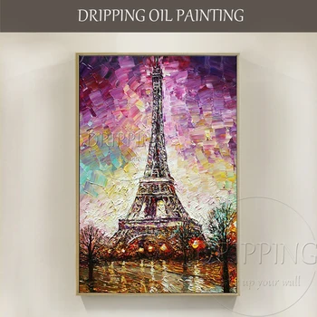 אמן היד-צייר מופשט פריז נוף ציור שמן על בד צבע סכין מרקם פריז מגדל נוף ציור