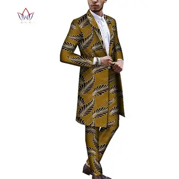 אפריקה אנקרה דאשיקי חליפה לגברים BRW תפורים Bazin Richi כפתור אחד ארוך, ג ' קט+באורך מלא מכנסיים, 2 חלקים WYN1167