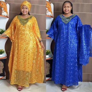 אפריקה בגדים אפריקני שמלות לנשים לאביב קיץ לנשים אפריקאיות כחול צהוב O-צוואר שמלה ארוכה
