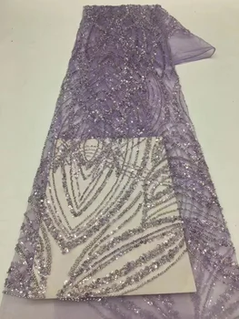 אפריקה בעבודת יד פייטים סגול בדים באיכות גבוהה חרוזים טול בד רקמה, תחרה עם פנינים על שמלת החתונה.