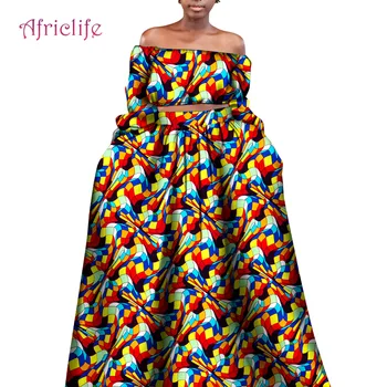 אפריקה השמלה נשים מגדיר את כתף שרוול ארוך קצרה העליון עם קפלים חצאית מקסי עם שני Pockests בתוספת גודל המפלגה WY8236
