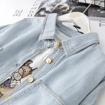 באביב ובסתיו נשים 'קט ג' ינס אופנה חופשי צווארון שרוול ארוך העליון מקרית אחת עם חזה מוצק המעיל 2023 אור כחול