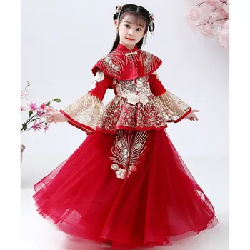 בנות Hanfu Cheongsam תלבושת סינית השנה החדשה בפסטיבל האביב בגדים 2022 חורף עבה חלוק חם ביצועים הילדים שמלות אדומות