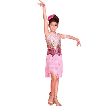 בנות ילדים סלסה ביצועים שמלות הקשת נצנצים שוליים ריקודים לטיניים שמלות בנות ריקוד חצאית לתחפושת