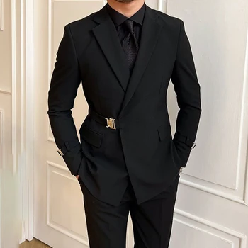 בסגנון בריטי ז 'קט חליפה שחור זכר ג' נטלמן אלגנטי עסקי מזדמן מקצועי לבוש רשמי החגורה הגוף כפול עם חזה