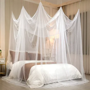 בפינת המיטה חופה עם 100 LED כוכב אורות מחרוזת מופעל על סוללה, כילה נגד יתושים לשינה 4 דלת מרובע מיטת אפריון וילונות
