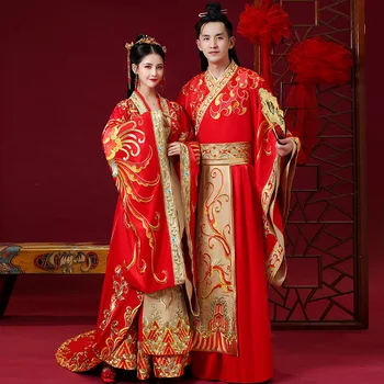 בציר האדום הסיני חתונה בסגנון נשוי שמלה באיכות גבוהה Embroid טוען גברים ונשים מסורתיות Hanfu רקמה עתיקה