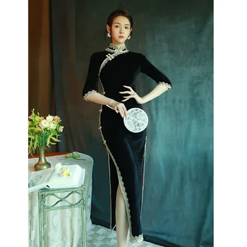 בציר השחור לעמוד צווארון תחרה לצד שסע ארוך Cheongsam נשים סתיו בציר שיפור מזדמן צ ' יפאו שמלת ערב בסגנון סיני