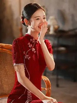 בתולת הים הסיני מסורתי שמלה אדומה החתונה הכלה טוסט ביגוד סקסי גבירותיי Cheongsam על ערב מסיבת אישה וינטג ' צ ' יפאו