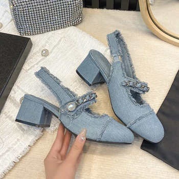 ג 'ינס עקבים גבוהים נעלי ג' יין מארי עבור נשים אלגנטי כחול משאבות פנינה בשרשרת מתכת עיצוב עם עקבים סנדלים לוליטה נעלי נשים 2023