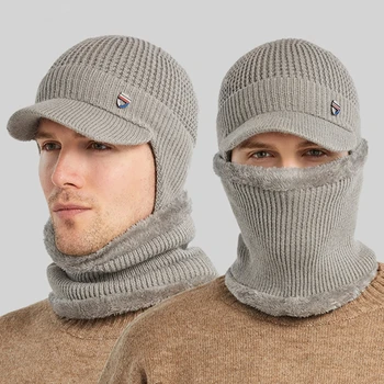 גברים חורף האוזן הגנה מפני קור כובע עם לסרוג צעיף קטיפה מרופדת חם בחוץ בחורף סרוג כובע צמר כובע סוודר